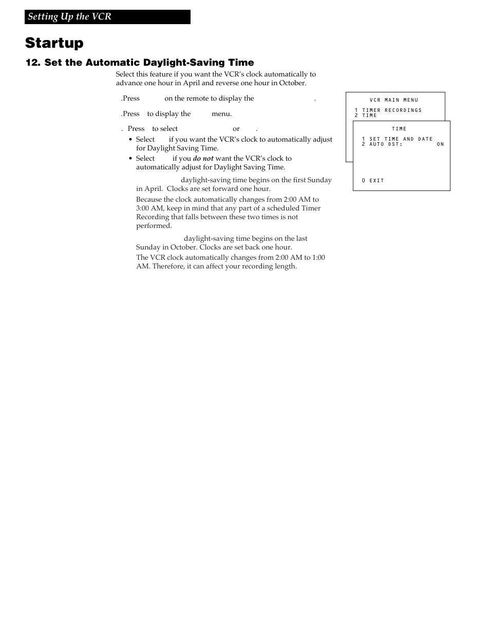 Startup, 12 setting up the vcr, Set the automatic daylight-saving time | GE VG4256 User Manual | Page 14 / 36