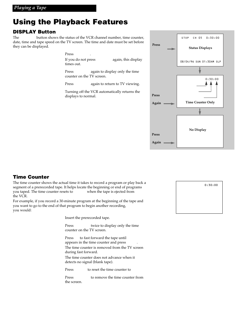 Using the playback features, Display button, Time counter | Playing a tape | GE VG4256 User Manual | Page 18 / 36