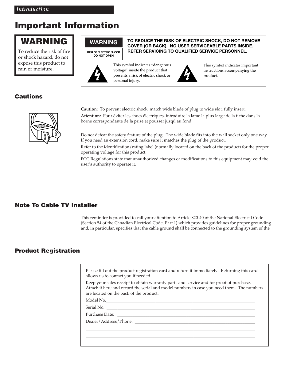 Important information, Warning, Cautions | Note to cable tv installer, Product registration | GE VG4256 User Manual | Page 2 / 36