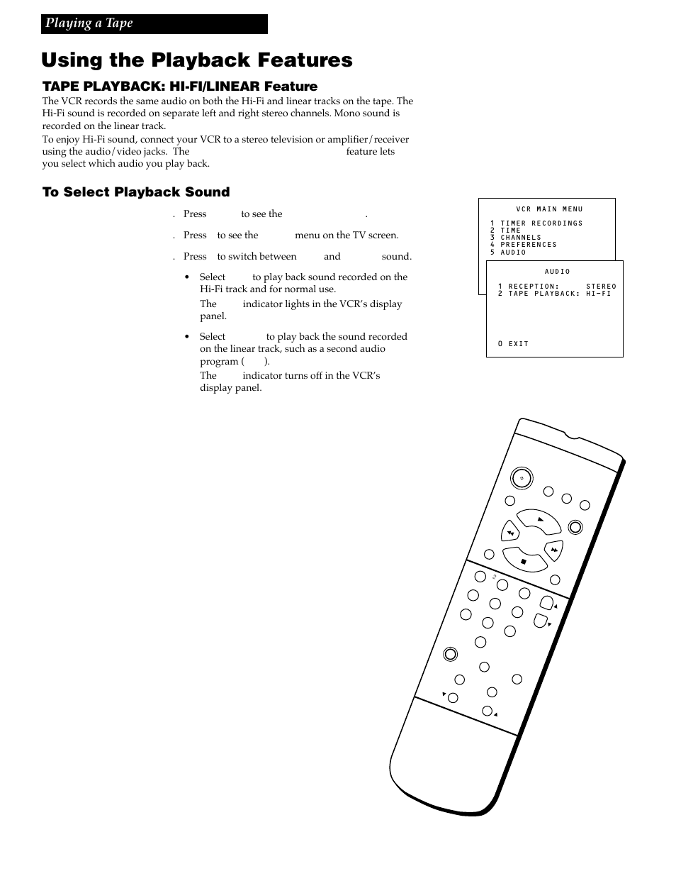 Using the playback features, 19 playing a tape, Tape playback: hi-fi/linear feature | GE VG4256 User Manual | Page 21 / 36