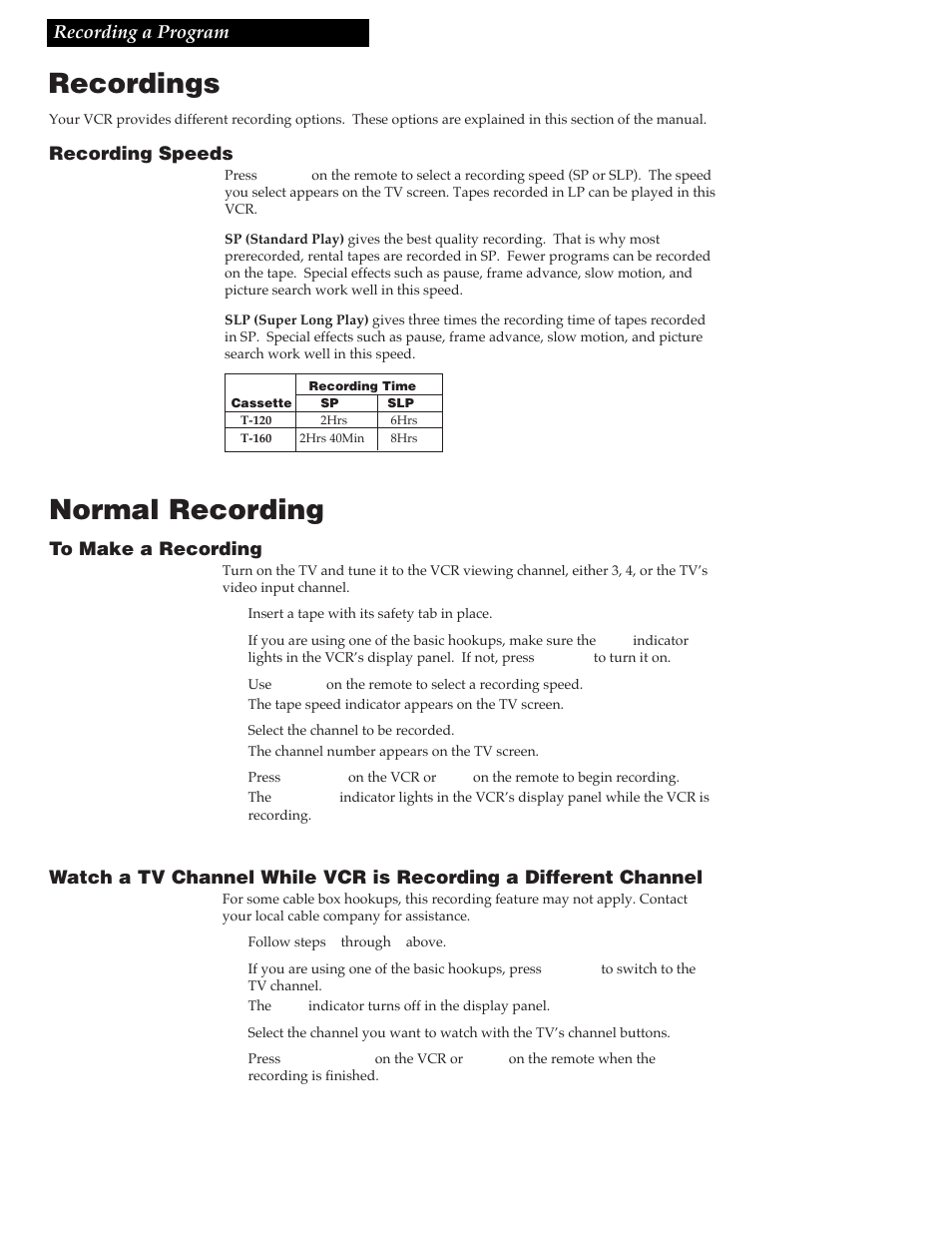 Recording a program, Recordings, Normal recording | Recording speeds | GE VG4256 User Manual | Page 22 / 36