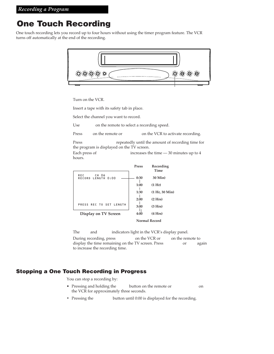 One touch recording, 21 recording a program, Stopping a one touch recording in progress | GE VG4256 User Manual | Page 23 / 36