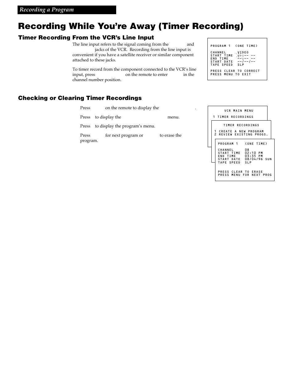 Recording while you’re away (timer recording), Checking or clearing timer recordings | GE VG4256 User Manual | Page 25 / 36