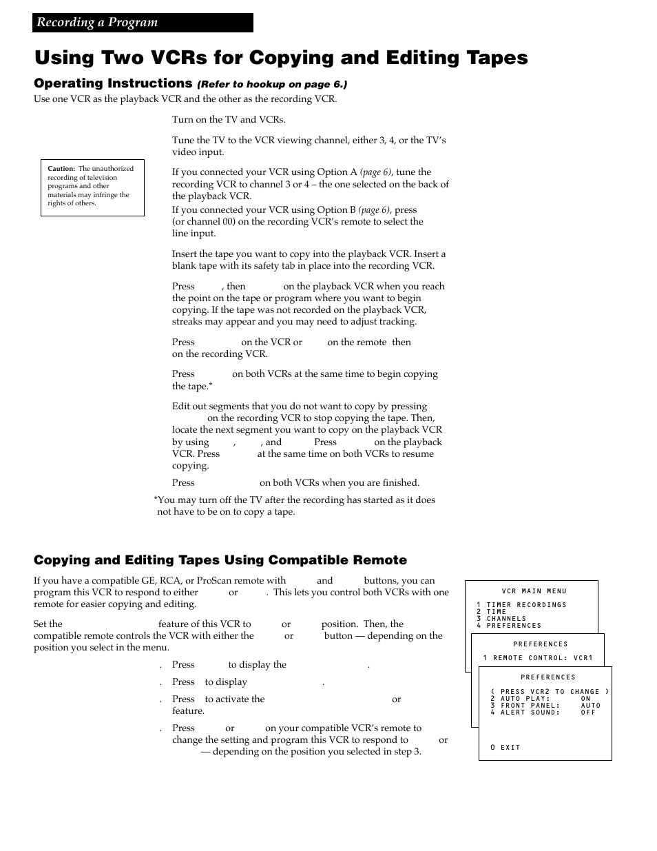 Using two vcrs for copying and editing tapes, 26 recording a program, Operating instructions | Copying and editing tapes using compatible remote | GE VG4256 User Manual | Page 28 / 36