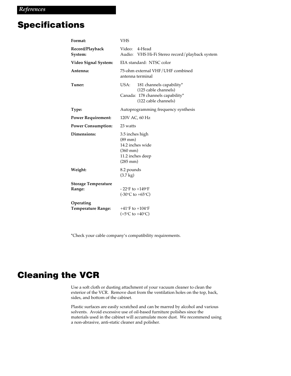 Specifications, Cleaning the vcr | GE VG4256 User Manual | Page 31 / 36