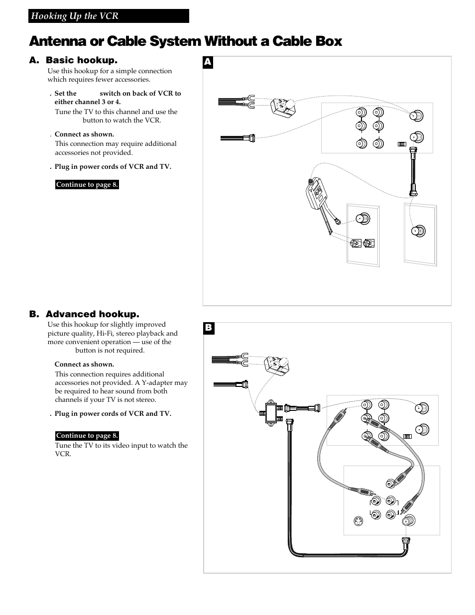 Antenna or cable system without a cable box, A. basic hookup, B. advanced hookup | 3hooking up the vcr | GE VG4256 User Manual | Page 5 / 36