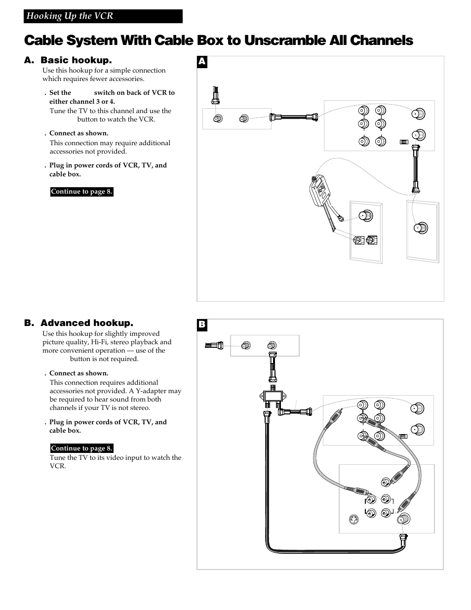 4hooking up the vcr, A. basic hookup, B. advanced hookup | GE VG4256 User Manual | Page 6 / 36