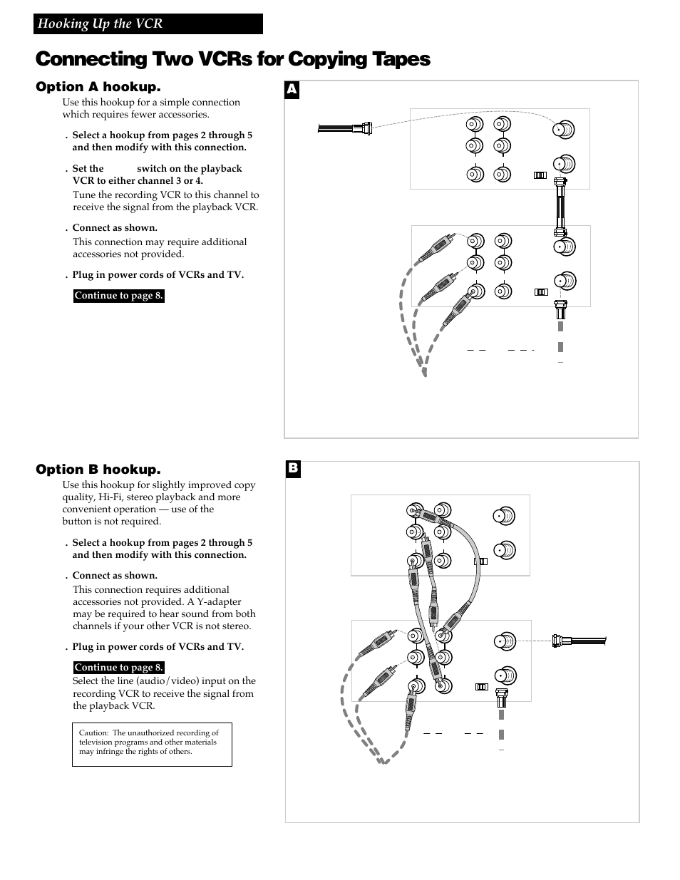 Connecting two vcrs for copying tapes, 6hooking up the vcr, Option a hookup | Option b hookup, Playback vcr, Recording vcr, Playback vcr (only) recording vcr | GE VG4256 User Manual | Page 8 / 36