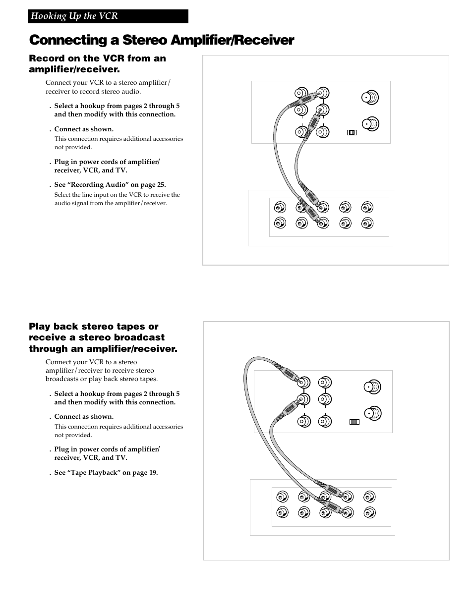 Connecting a stereo amplifier/receiver, 7hooking up the vcr, Back of vcr | Back of amplifier/receiver, Record on the vcr from an amplifier/receiver | GE VG4256 User Manual | Page 9 / 36