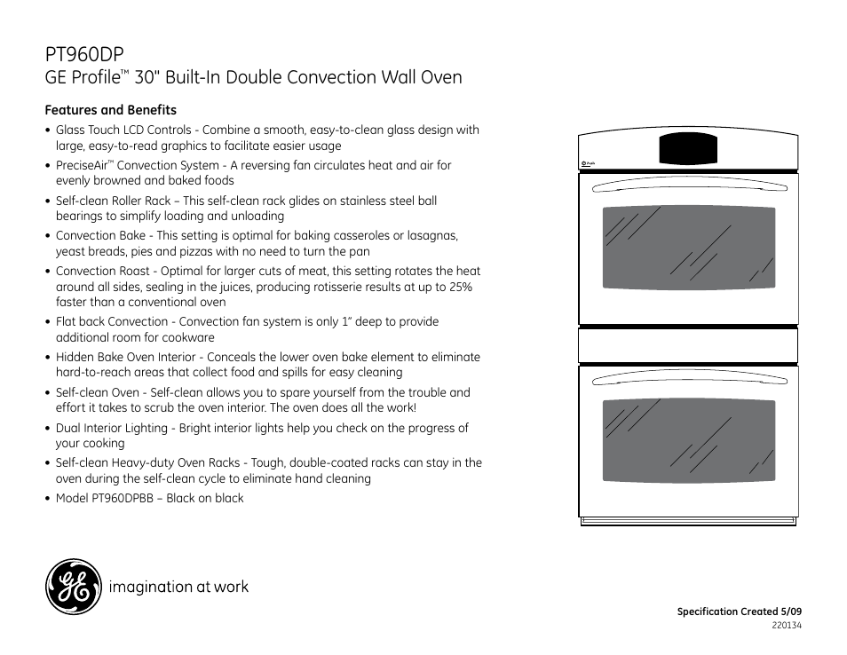 Pt960dp, Ge profile, 30" built-in double convection wall oven | GE Profile PT960DPBB User Manual | Page 2 / 2