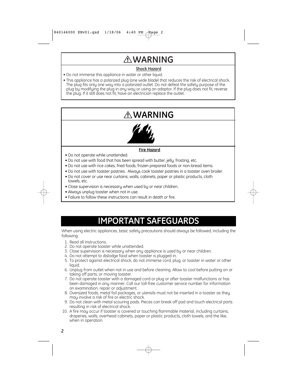 Warning important safeguards, Warning | GE 840146000 User Manual | Page 2 / 7