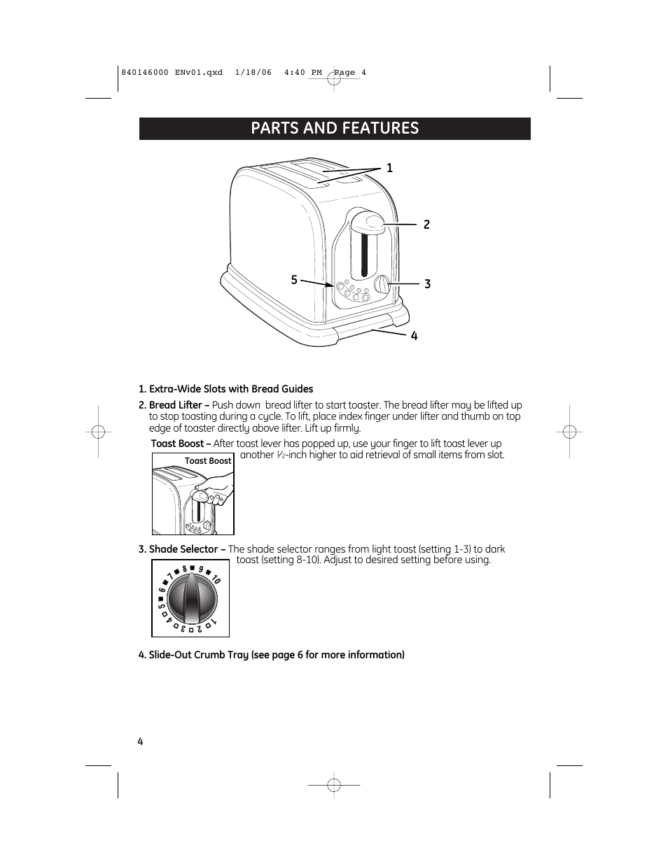 Parts and features | GE 840146000 User Manual | Page 4 / 7