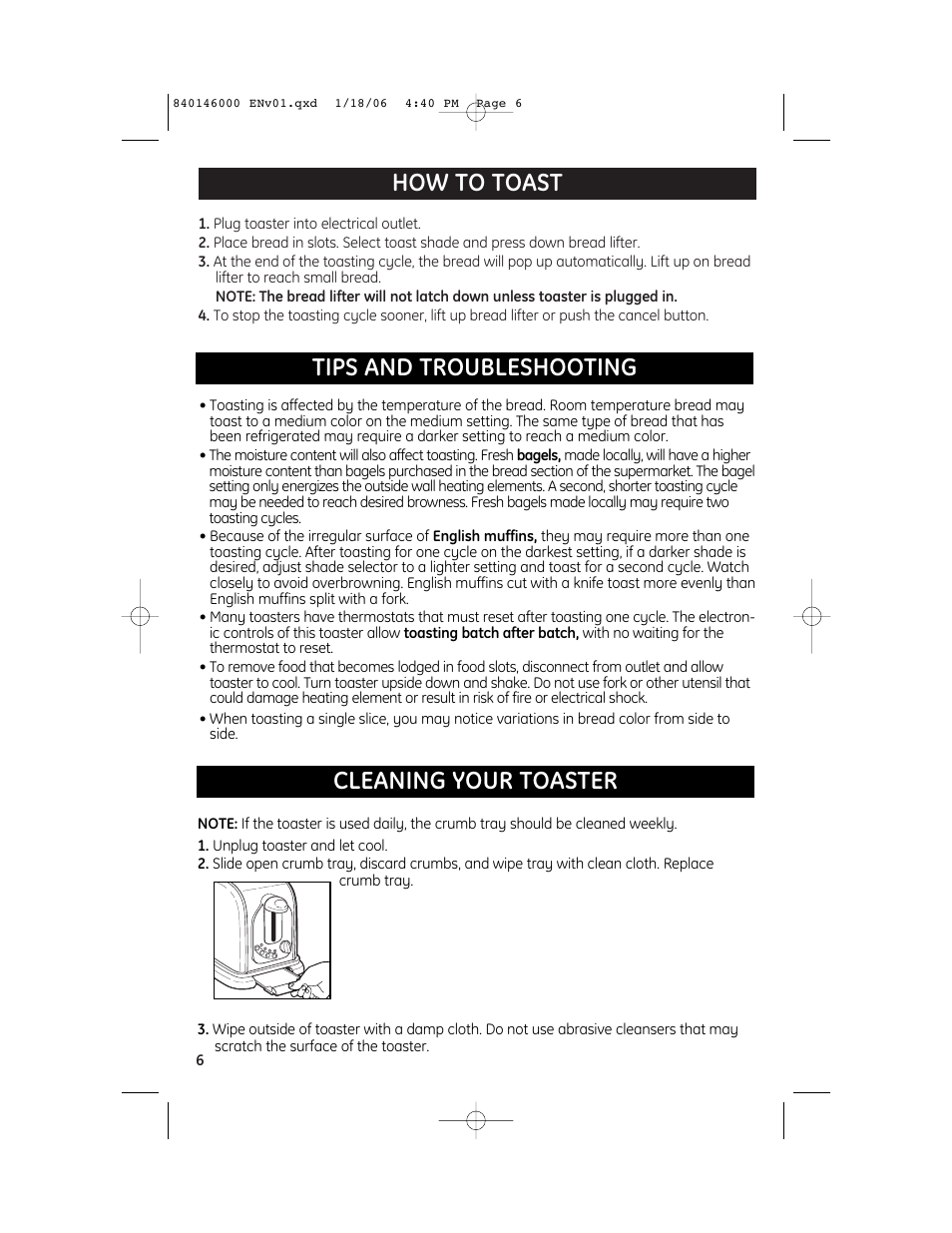 How to toast, Tips and troubleshooting cleaning your toaster | GE 840146000 User Manual | Page 6 / 7