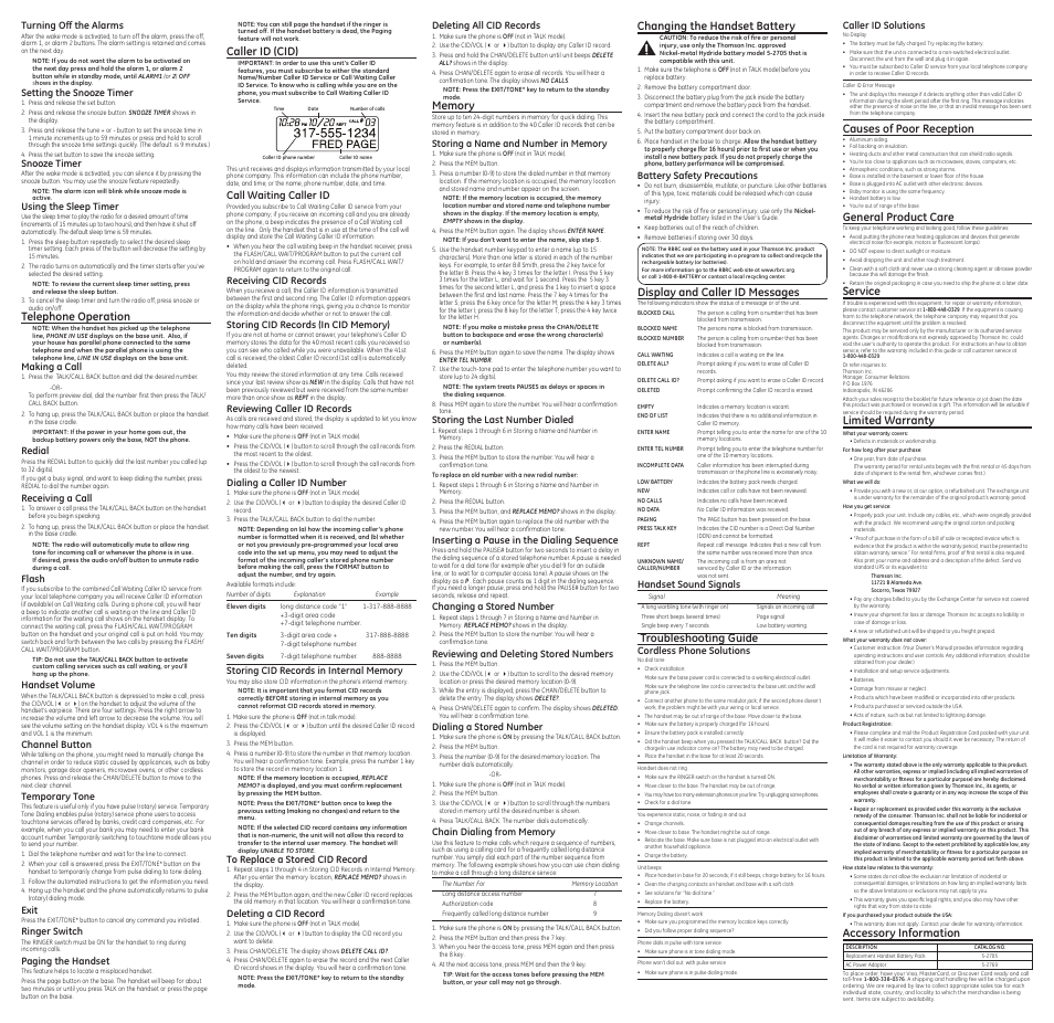 Caller id (cid), Telephone operation, Changing the handset battery | Causes of poor reception, General product care, Service, Limited warranty, Accessory information, Call waiting caller id, Display and caller id messages | GE 00006068 User Manual | Page 2 / 2