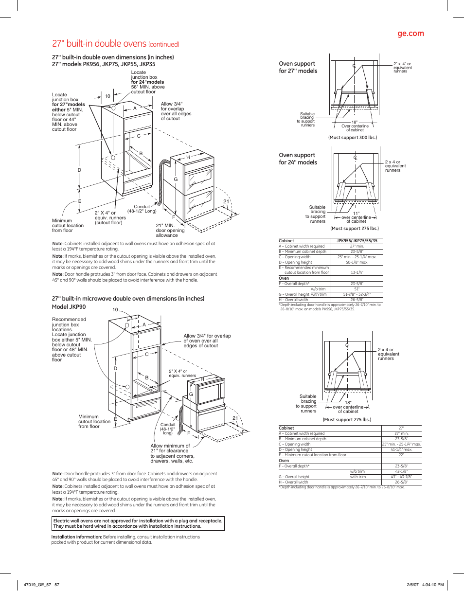 27" built-in double ovens, Continued) | GE JKP75 User Manual | Page 2 / 2