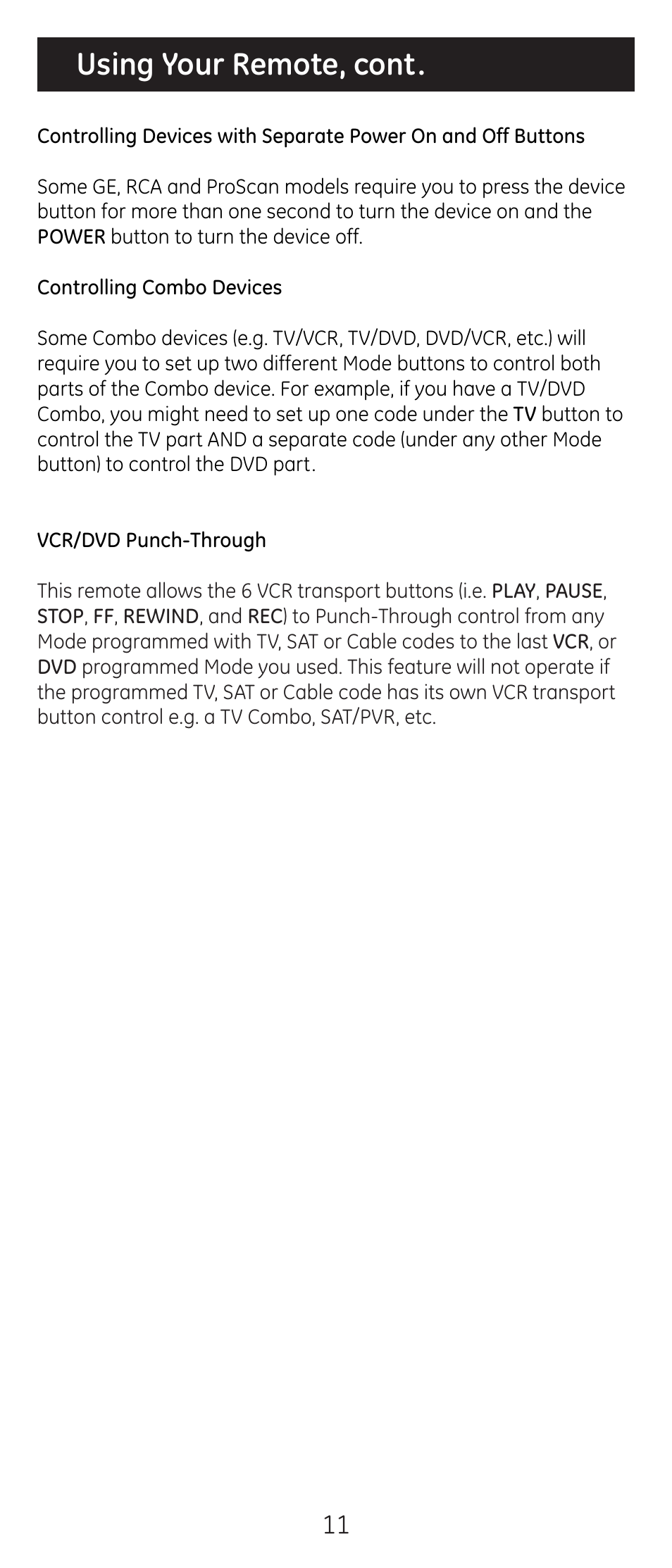 Using your remote, cont | GE 20309 User Manual | Page 11 / 16