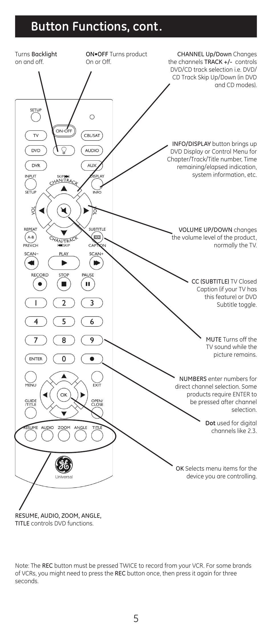 Button functions, cont | GE 20309 User Manual | Page 5 / 16