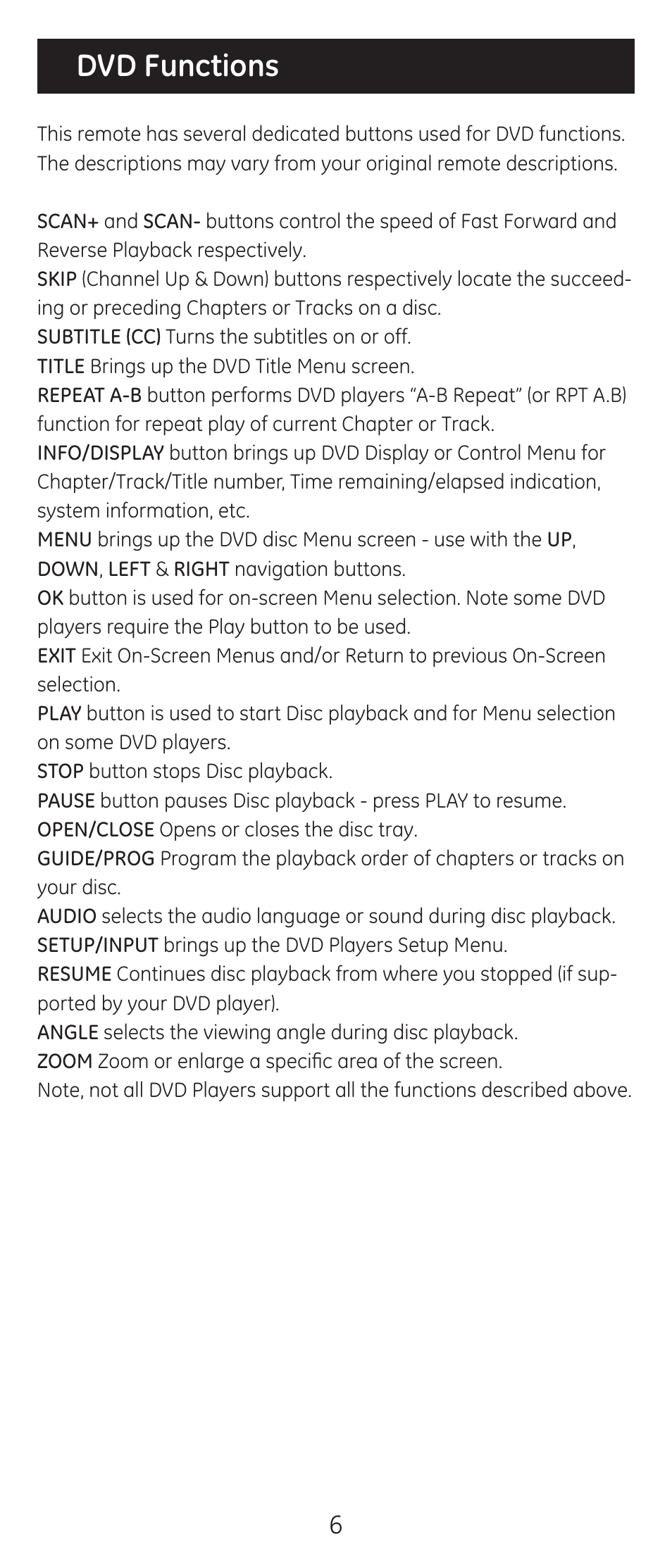 Dvd functions | GE 20309 User Manual | Page 6 / 16