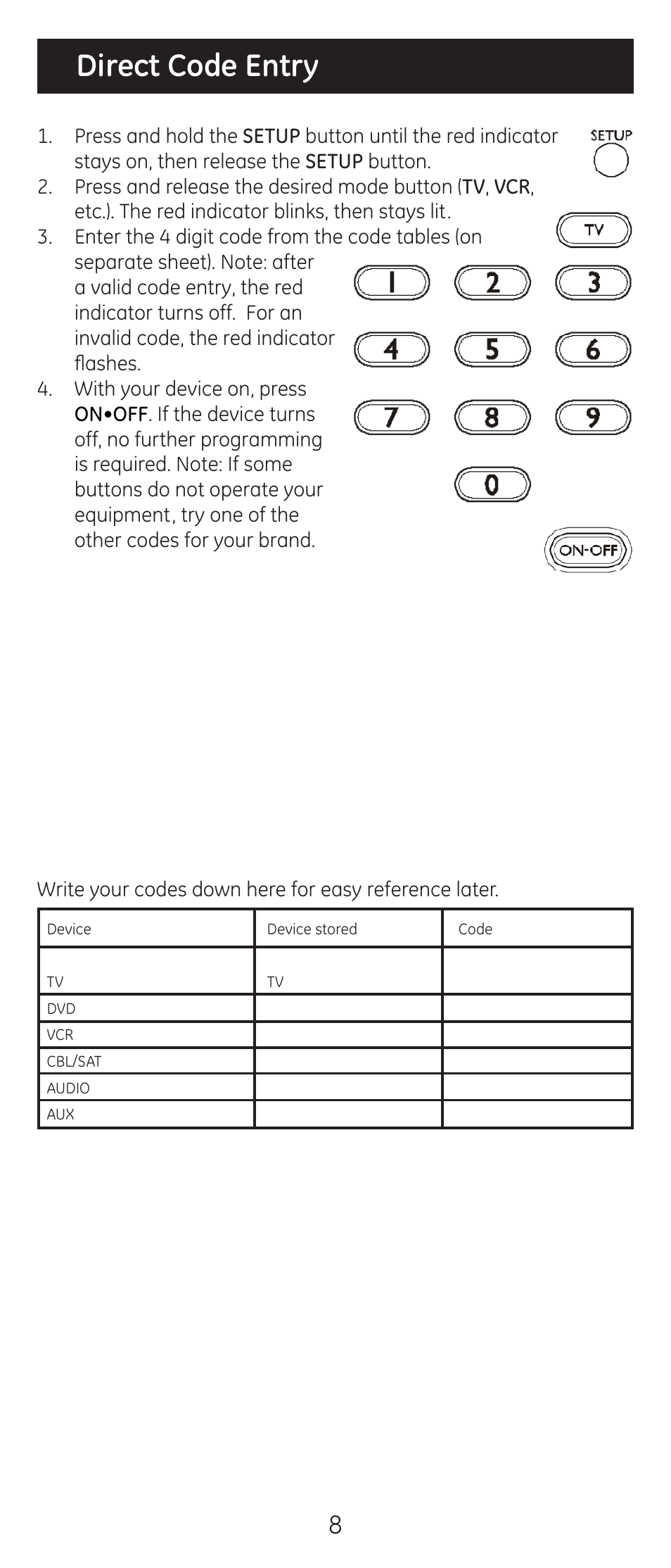 Direct code entry | GE 20309 User Manual | Page 8 / 16