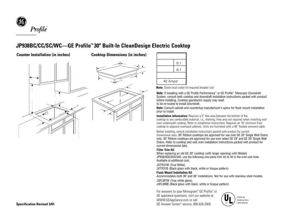 GE Profile JP938BC User Manual | 2 pages