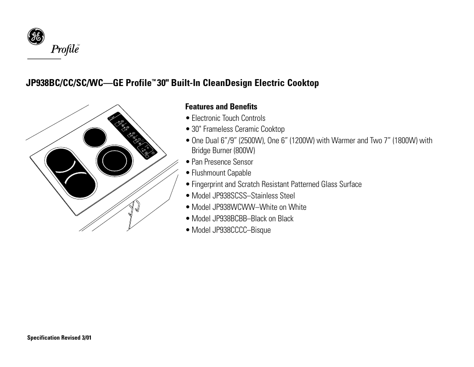 Jp938bc/cc/sc/wc—ge profile, 30" built-in cleandesign electric cooktop | GE Profile JP938BC User Manual | Page 2 / 2