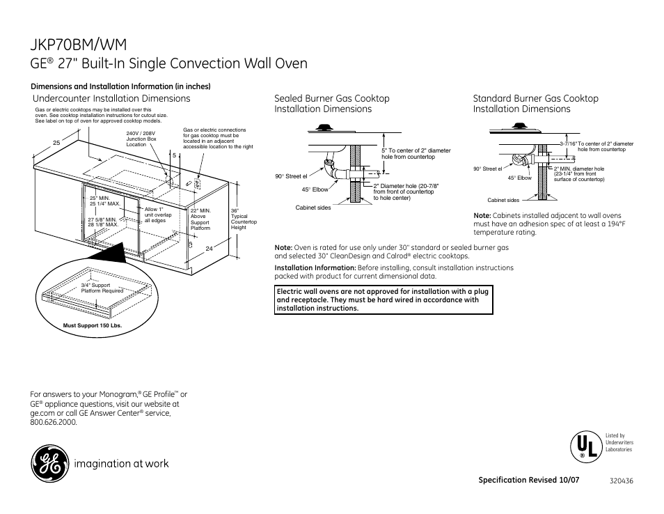 Jkp70bm/wm, 27" built-in single convection wall oven | GE JKP70BM User Manual | Page 2 / 3
