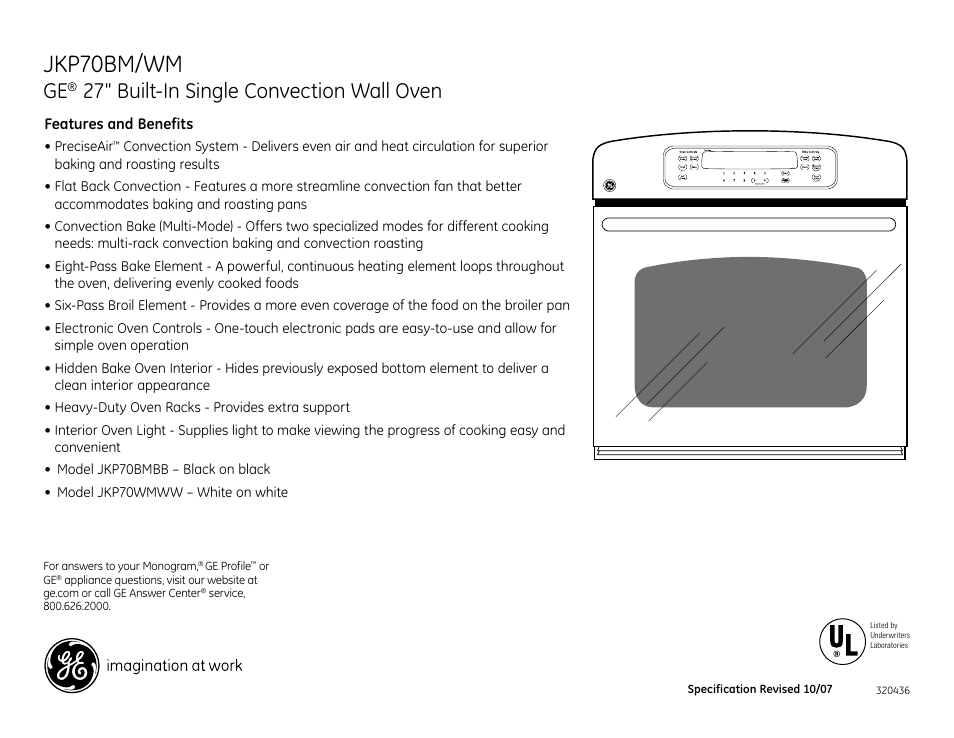 Jkp70wm/bm, Jkp70bm/wm, 27" built-in single convection wall oven | GE JKP70BM User Manual | Page 3 / 3