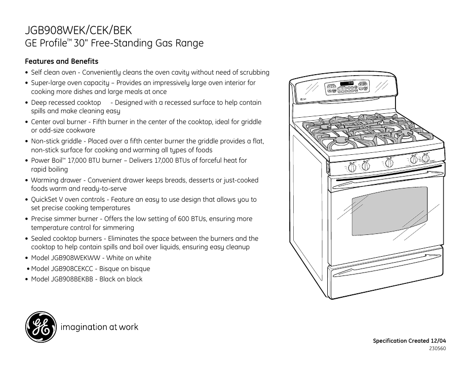 Jgb908wek/cek/bek, Ge profile, 30" free-standing gas range | GE PROFILE JGB908WEK User Manual | Page 2 / 2