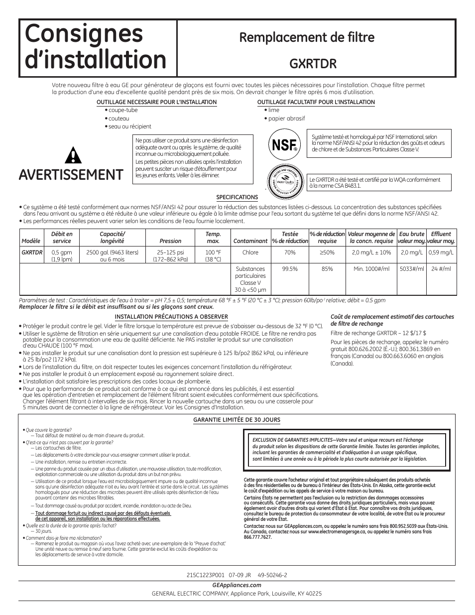 Consignes, D’installation, Avertissement | Remplacement de filtre, Gxrtdr | GE GXRTDR User Manual | Page 2 / 4