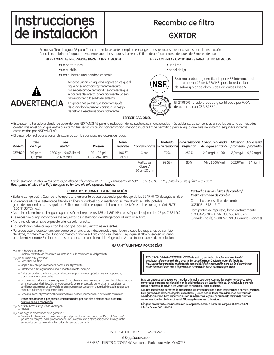 Instrucciones, De instalación, Advertencia | Recambio de filtro, Gxrtdr | GE GXRTDR User Manual | Page 3 / 4