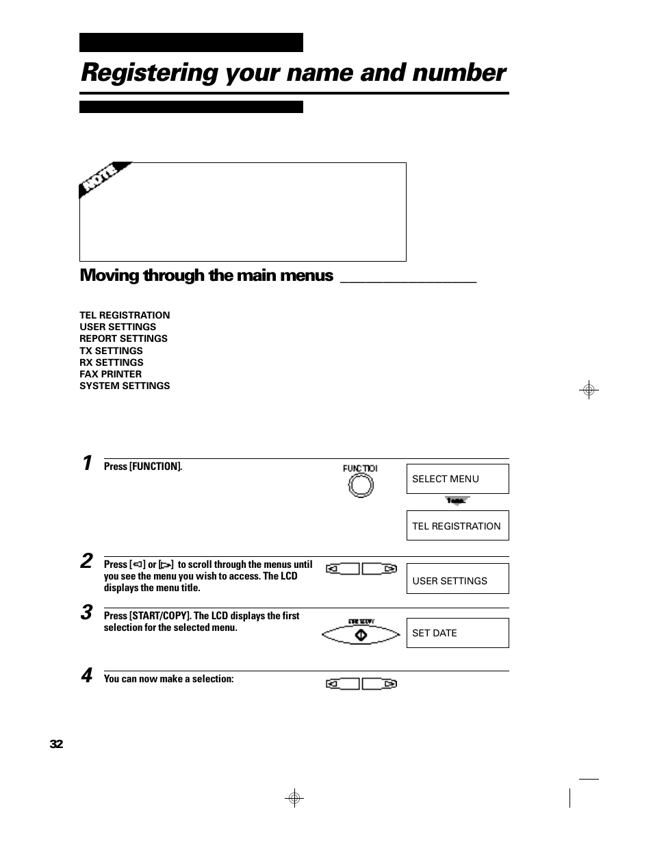 Registering your name and number, Moving through the main menus | GE B640 User Manual | Page 43 / 121
