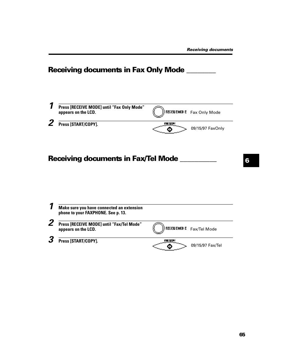 Receiving documents in fax only mode, Receiving documents in fax/tel mode | GE B640 User Manual | Page 74 / 121