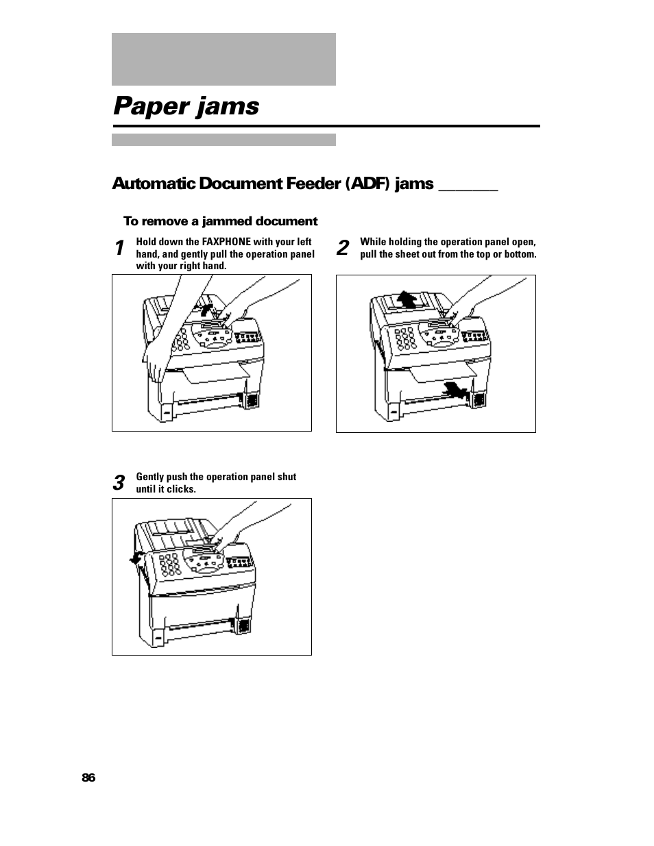 Paper jams, Automatic document feeder (adf) jams | GE B640 User Manual | Page 95 / 121