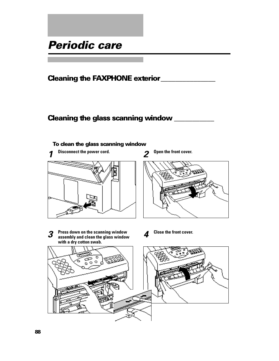 Periodic care, Cleaning the faxphone exterior, Cleaning the glass scanning window | GE B640 User Manual | Page 97 / 121