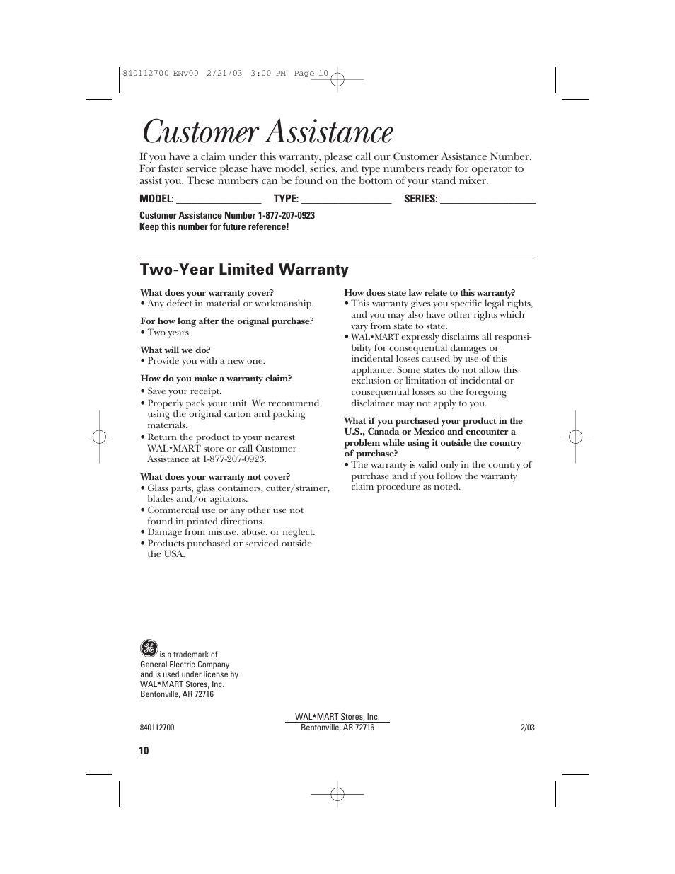 Customer assistance, Two-year limited warranty | GE 168951 User Manual | Page 10 / 20