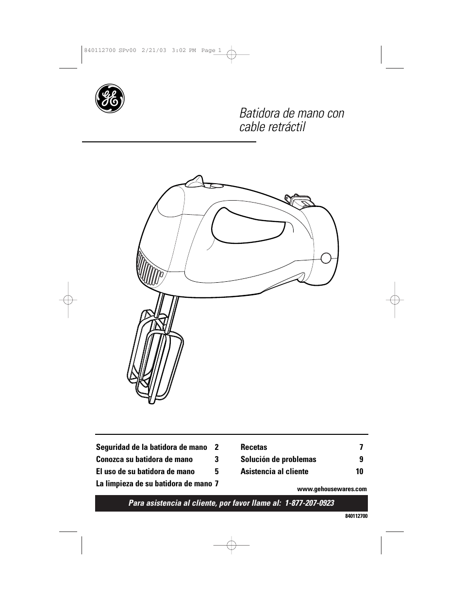 Batidora de mano con cable retráctil | GE 168951 User Manual | Page 11 / 20