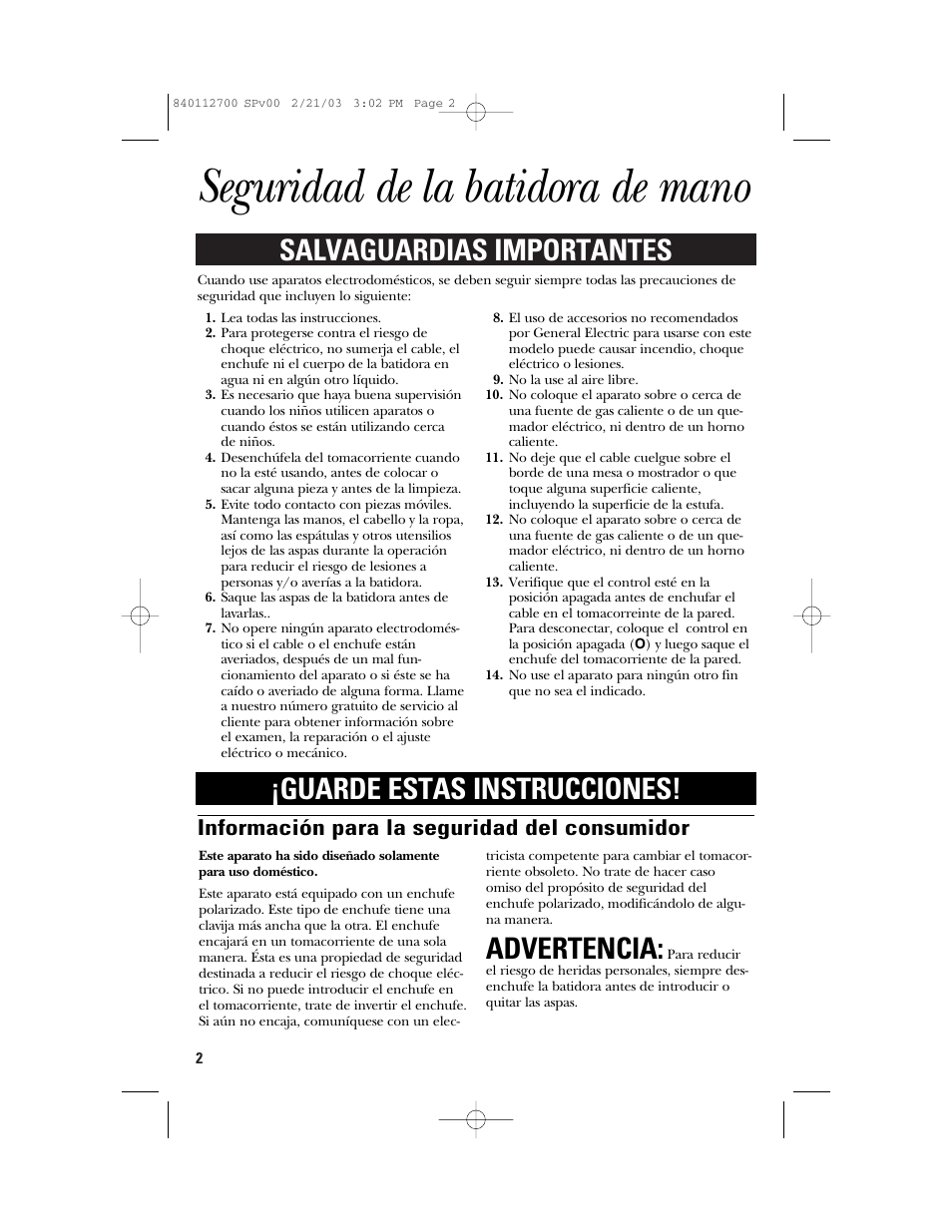 Seguridad de la batidora de mano, Salvaguardias importantes, Advertencia | Guarde estas instrucciones, Información para la seguridad del consumidor | GE 168951 User Manual | Page 12 / 20