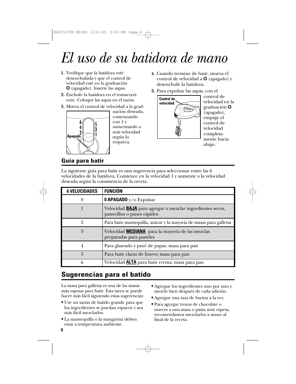 El uso de su batidora de mano, Sugerencias para el batido | GE 168951 User Manual | Page 16 / 20