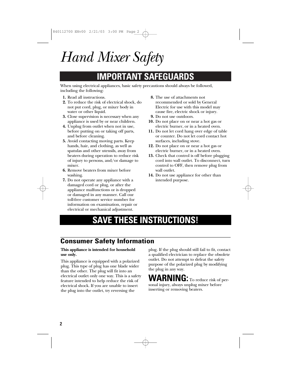 Hand mixer safety, Important safeguards, Warning | Save these instructions, Consumer safety information | GE 168951 User Manual | Page 2 / 20