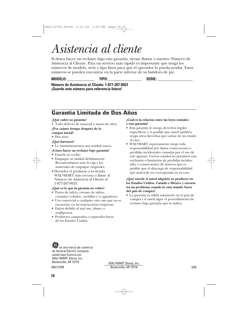 Asistencia al cliente, Garantía limitada de dos años | GE 168951 User Manual | Page 20 / 20