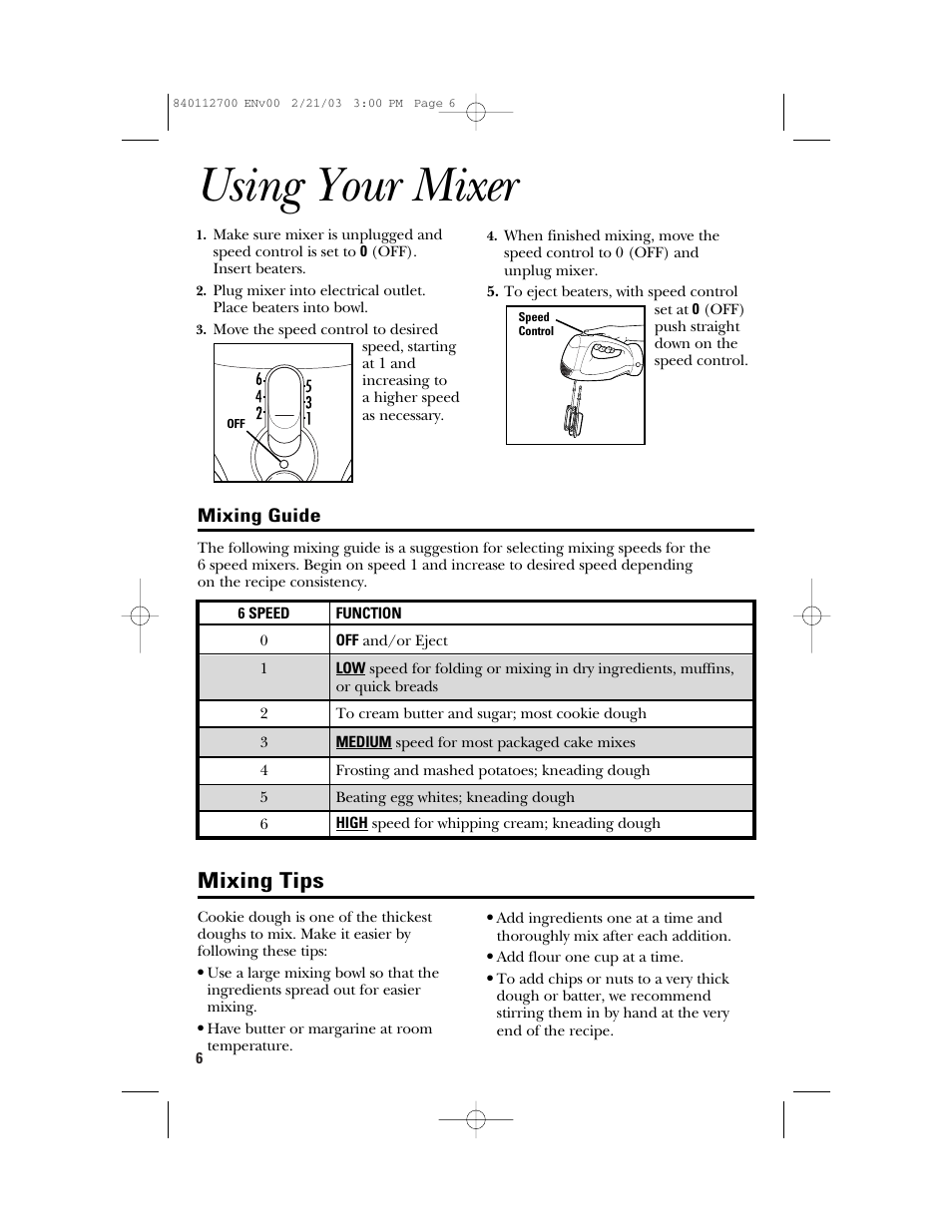 Using your mixer, Mixing tips | GE 168951 User Manual | Page 6 / 20