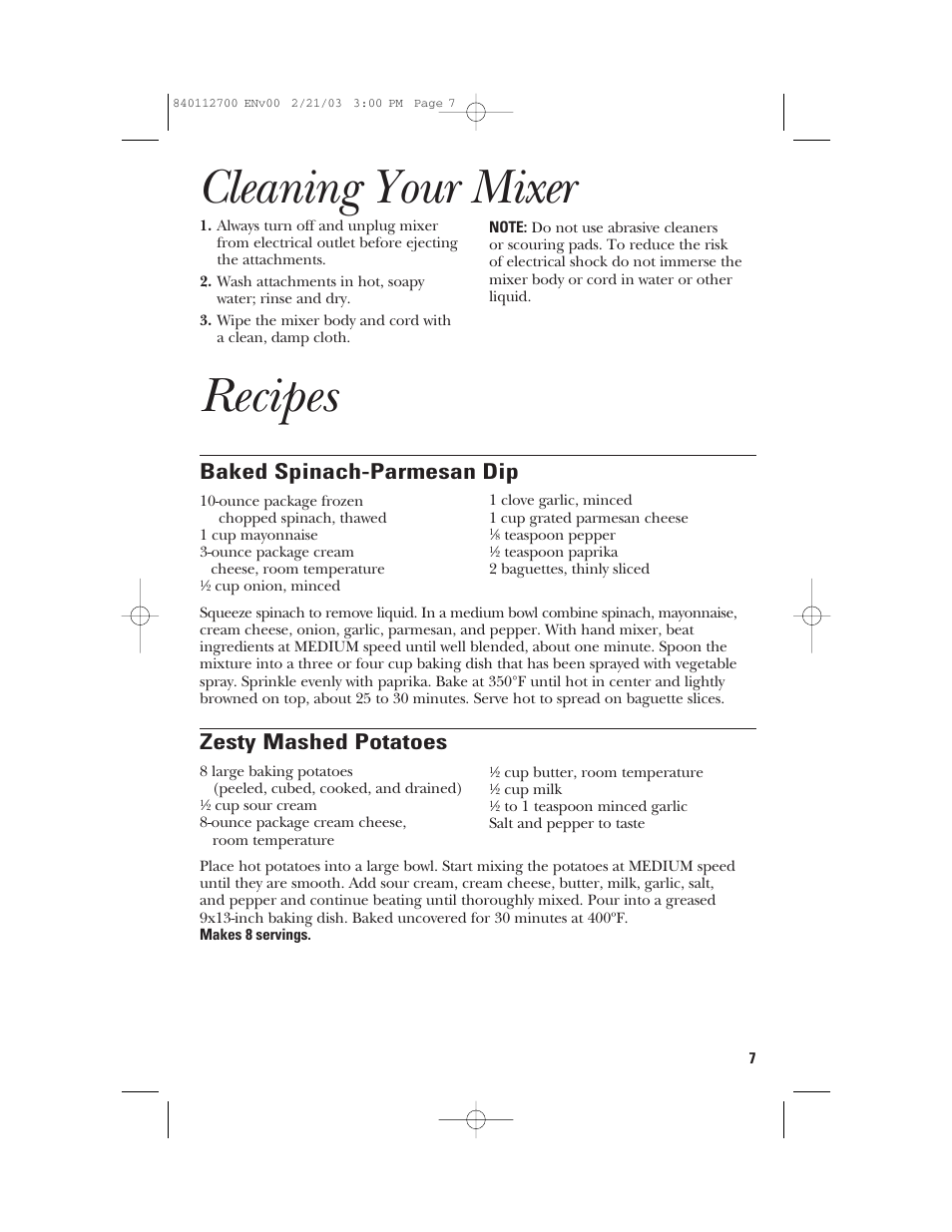 Recipes, Cleaning your mixer, Baked spinach-parmesan dip | Zesty mashed potatoes | GE 168951 User Manual | Page 7 / 20