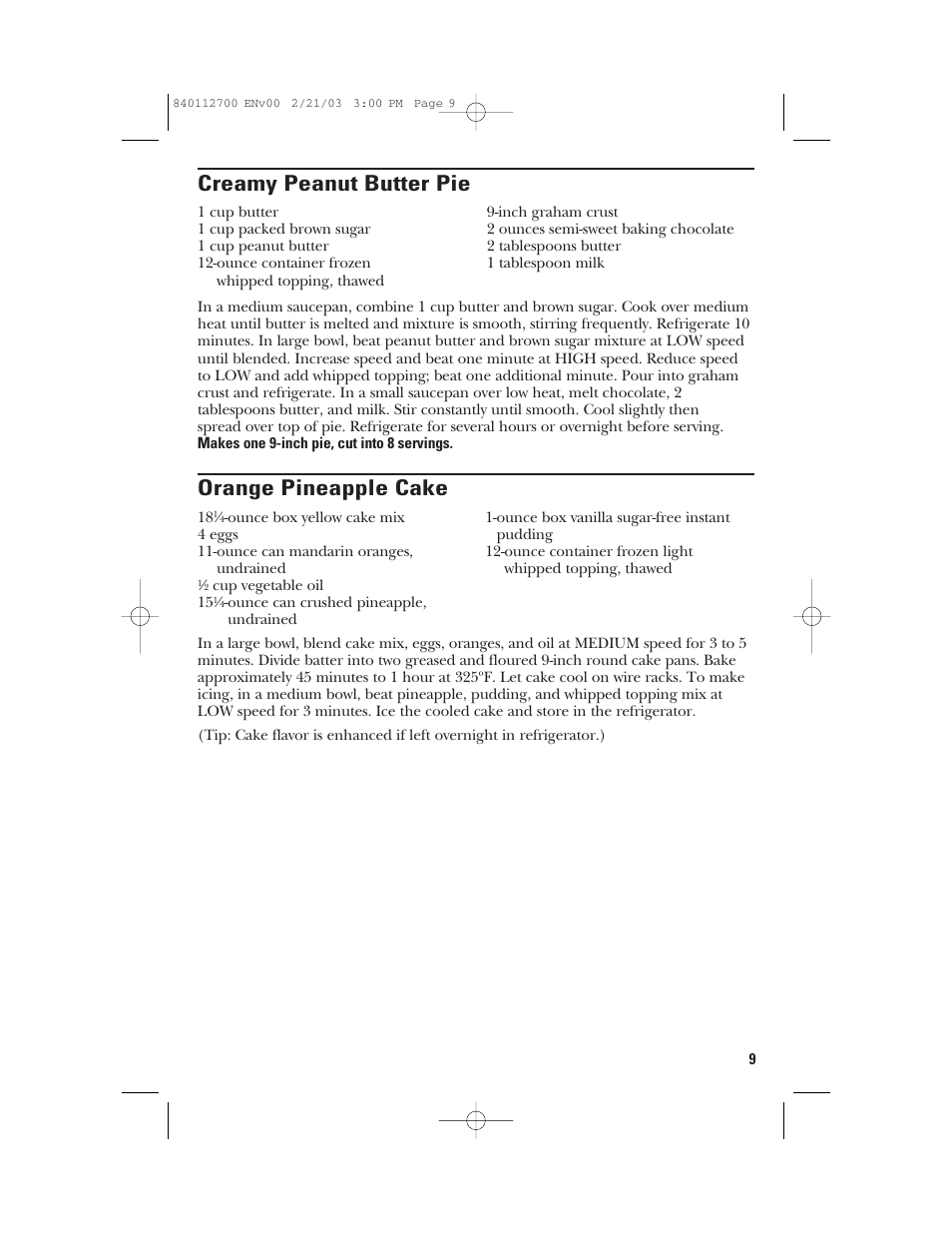 Creamy peanut butter pie, Orange pineapple cake | GE 168951 User Manual | Page 9 / 20