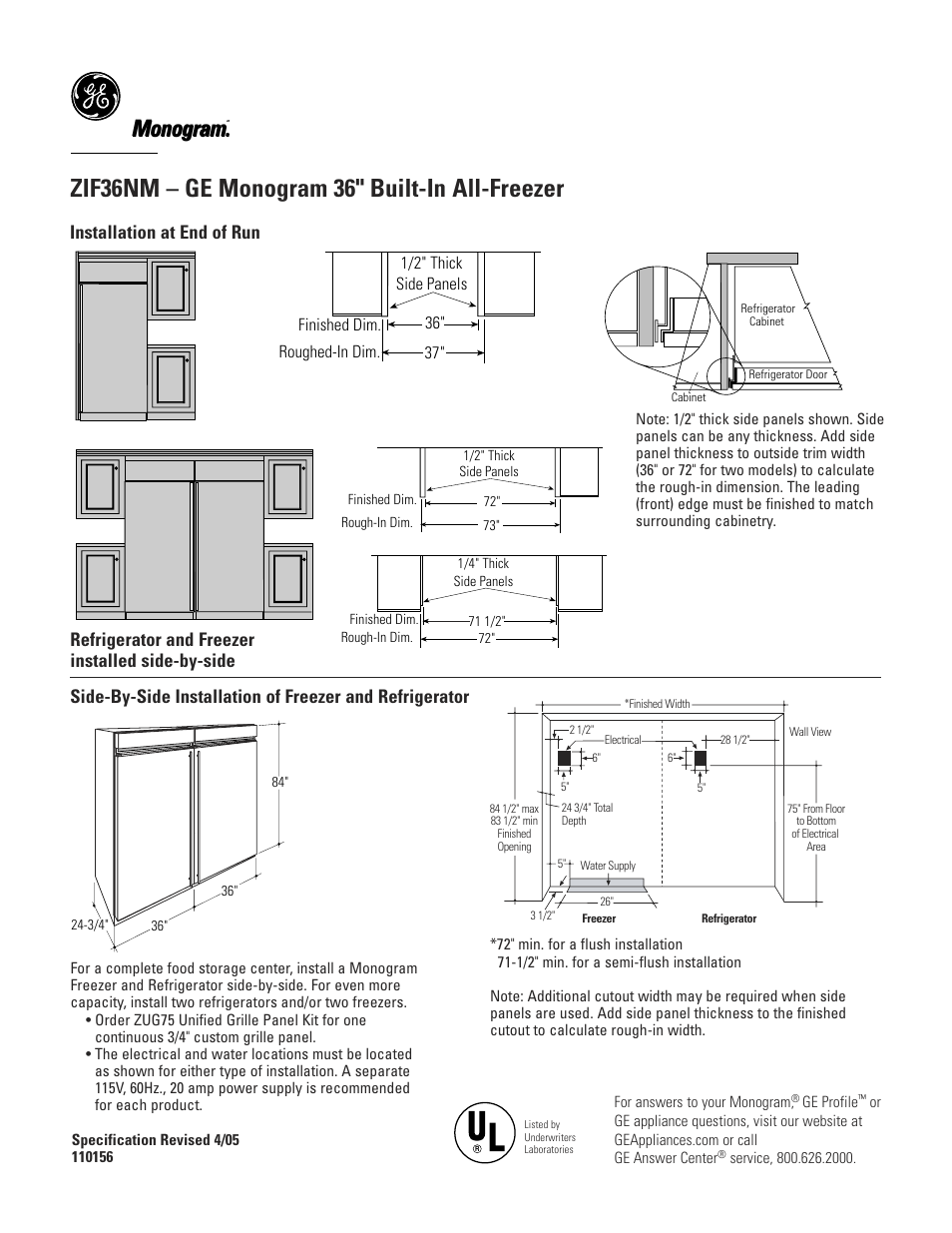 461dia6, Zif36nm – ge monogram 36" built-in all-freezer, Monogram | GE MONOGRAM ZIF36NM User Manual | Page 3 / 7