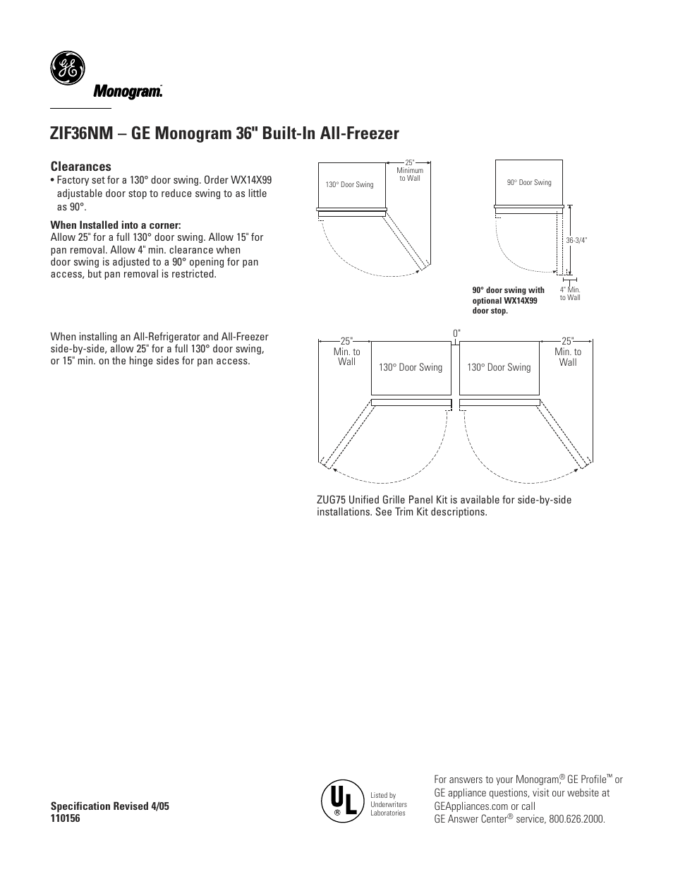 Zif36nm – ge monogram 36" built-in all-freezer, Monogram, Clearances | GE MONOGRAM ZIF36NM User Manual | Page 5 / 7