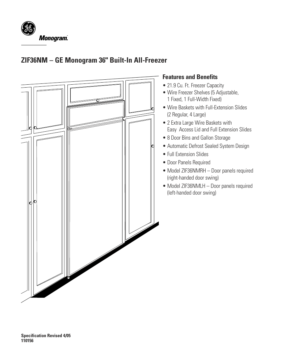 Zir36ndlh/zif36ndlh, Zif36nm – ge monogram 36" built-in all-freezer | GE MONOGRAM ZIF36NM User Manual | Page 7 / 7