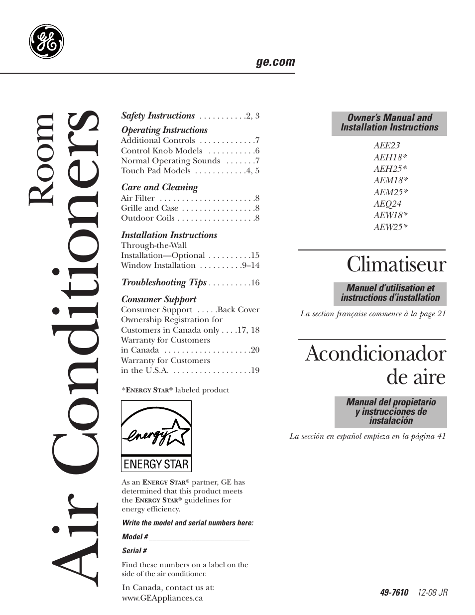 GE CLIMATISEUR AEM18* User Manual | 60 pages