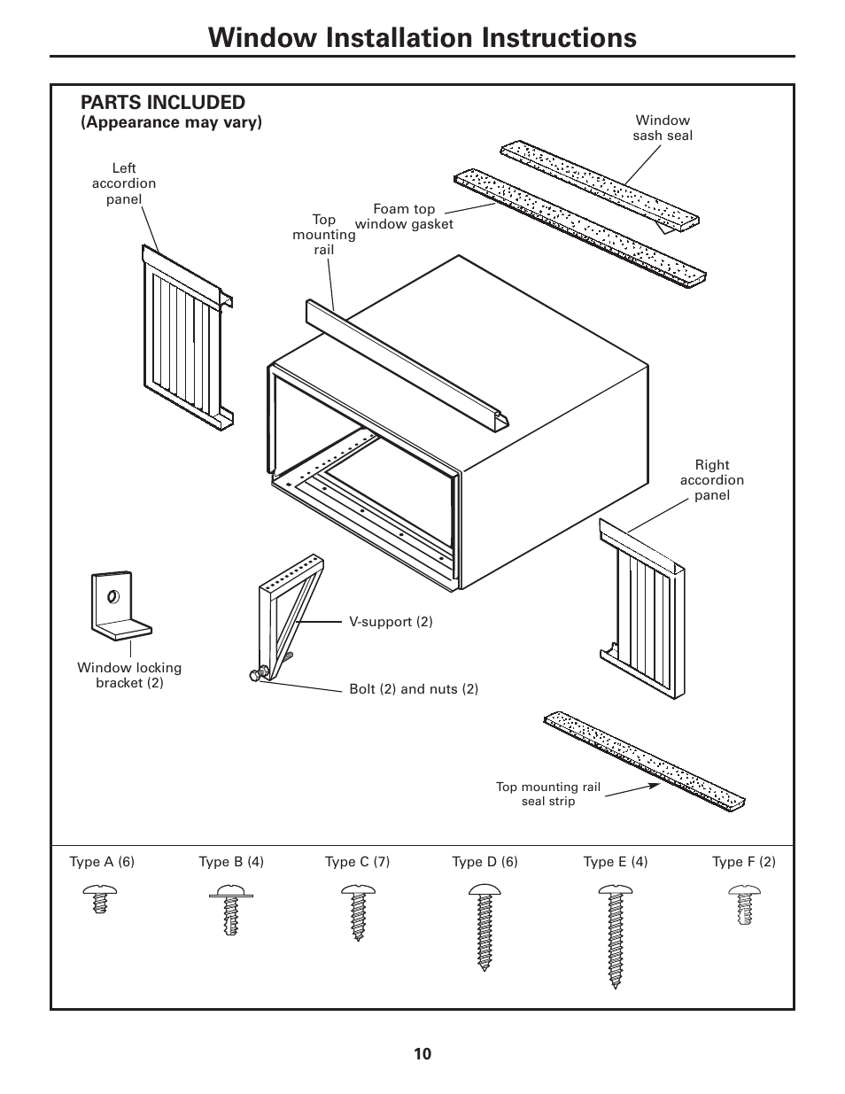 Window installation instructions, Parts included | GE CLIMATISEUR AEM18* User Manual | Page 10 / 60