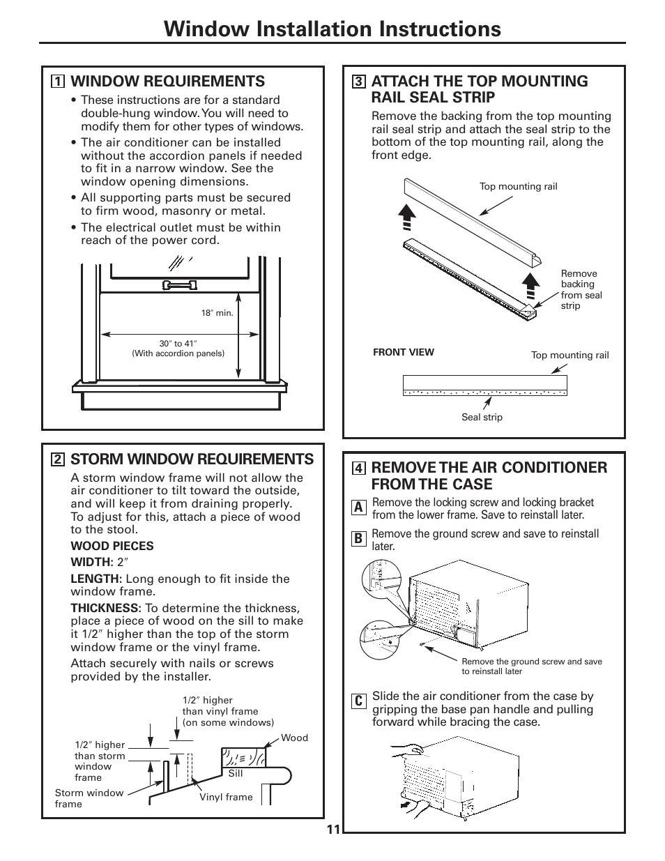 Window installation instructions, Window requirements, Remove the air conditioner from the case | Storm window requirements, Attach the top mounting rail seal strip, Ac b | GE CLIMATISEUR AEM18* User Manual | Page 11 / 60