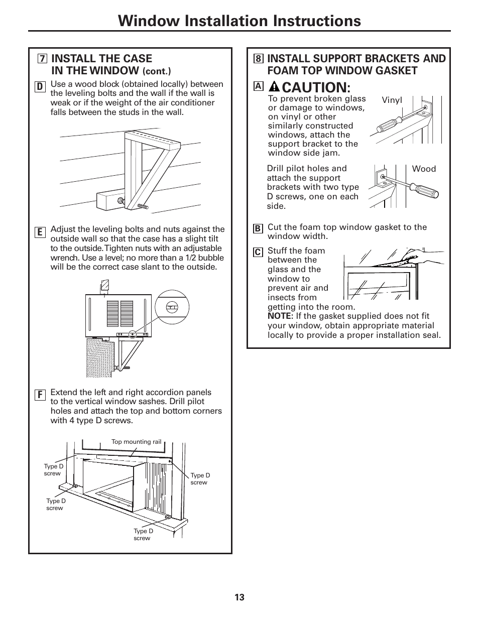 Window installation instructions, Caution | GE CLIMATISEUR AEM18* User Manual | Page 13 / 60